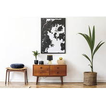 Cameră de zi cu comodă din lemn, lampă de masă, plantă și decorațiuni