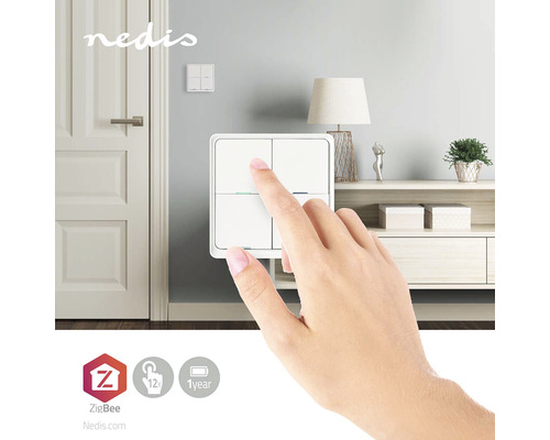 Scenă cu un întrerupător alb și o mână care îl operează. Logo Nedis.