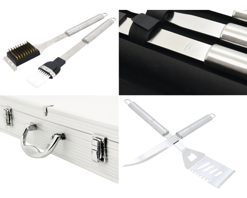 Set ustensile grătar cu perie de grătar, spatulă, cuțit și clește în valiză de aluminiu