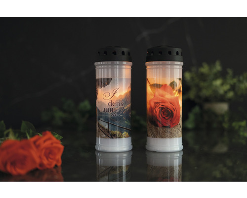 Două lumânări de cimitir cu motive și capac negru