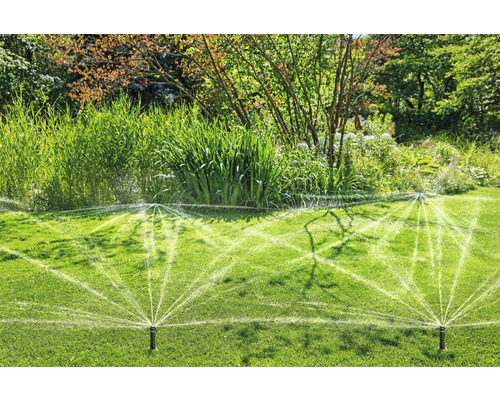 Aspersoarele de gazon udă gazonul dintr-o grădină.