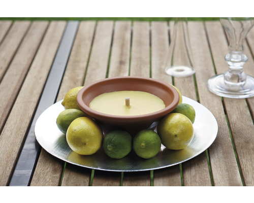 Lumânare decorativă cu lămâie într-un vas pe o masă