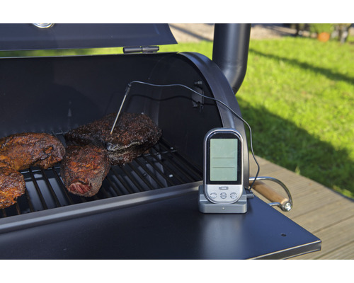 Grătar cu bucăți de carne și termometru digital