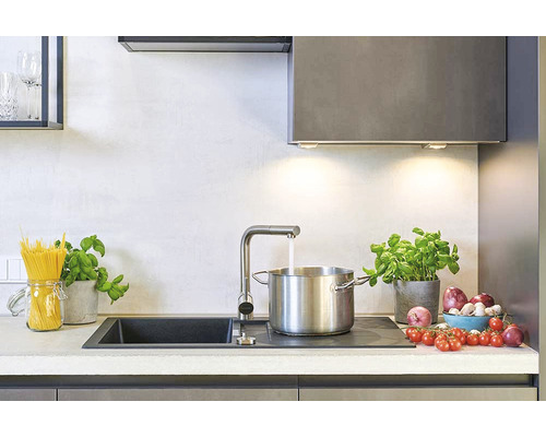 Scenă de bucătărie cu chiuvetă, robinet, oală, plită cu inducție și ingrediente proaspete