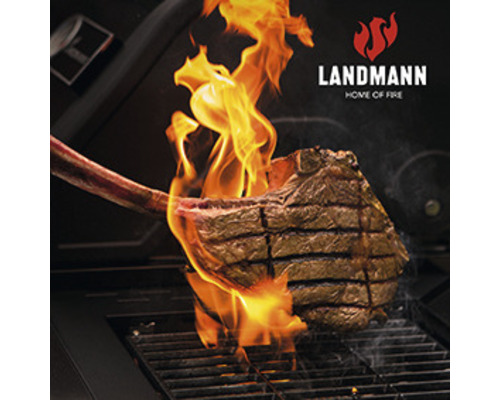 Bucată de carne Tomahawk pe grătar cu flăcări și logo-ul Landmann