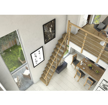 Apartament luminos și modern cu scară din lemn, masă de sufragerie și decorațiuni