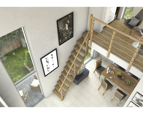 Apartament luminos și modern cu scară din lemn, masă de sufragerie și decorațiuni