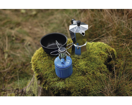 Aragaz de camping, ibric de cafea și bol pe un butuc de copac