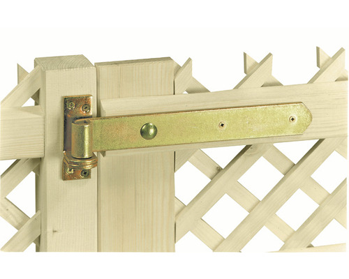 Balama de poartă cu placă și șuruburi pe un gard de lemn