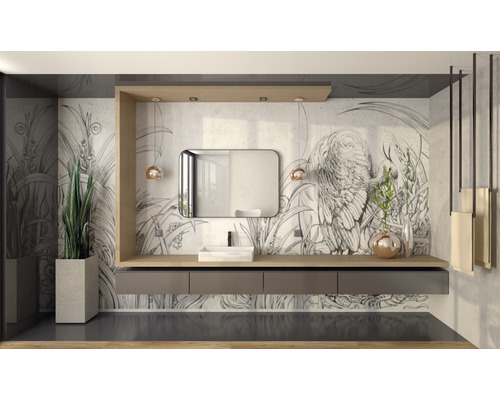 Baie luminoasă cu lavoar, oglindă, plante și decoruri murale pentru o ambianță modernă