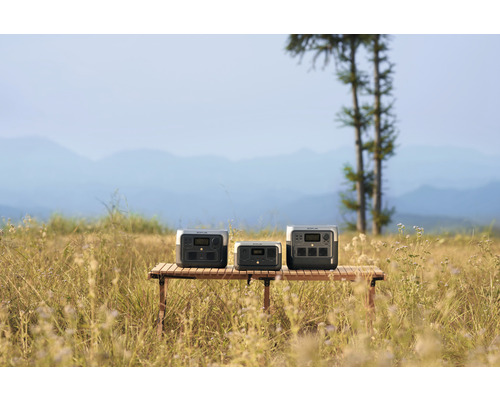 Trei stații de alimentare gri pe o masă de lemn în aer liber