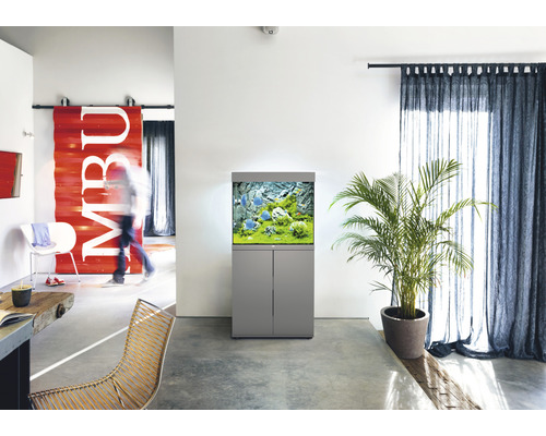 Cameră de zi modernă cu acvariu și plantă de interior