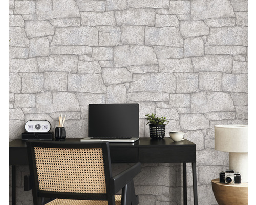 Birou cu tapet de piatră, birou, laptop și scaun de birou