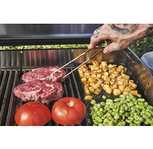 Grătar cu fripturi, roșii, cartofi prăjiți și fasole verde