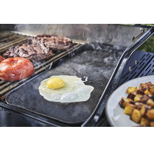 Imagine cu un grătar cu ou prăjit, roșii, friptură și cartofi prăjiți.