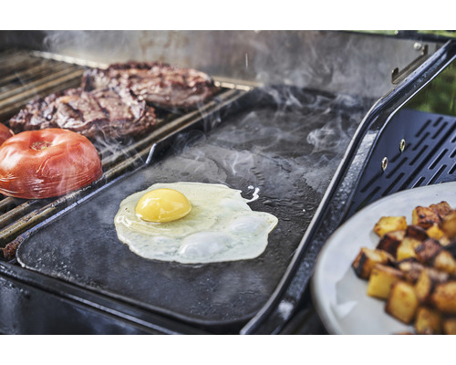 Imagine cu un grătar cu ou prăjit, roșii, friptură și cartofi prăjiți.