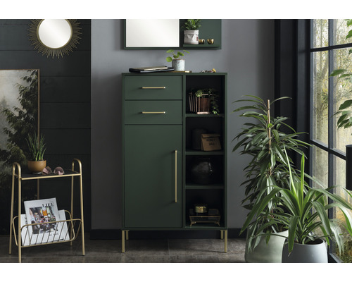 Scenă cu un dulap verde cu sertare și rafturi, mânere și picioare aurii și obiecte decorative.