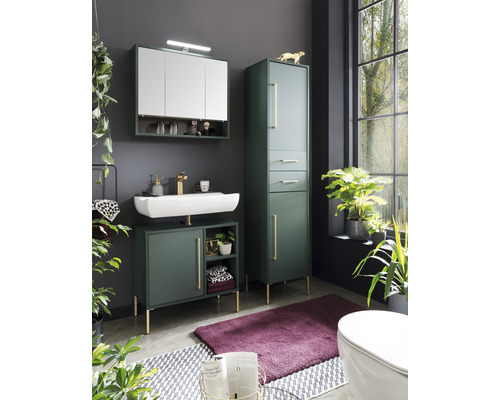 Baie modernă cu lavoar, dulap cu oglindă și dulap înalt în verde închis