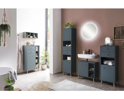 Baie cu lavoar, dulap cu oglindă, dulap inferior, dulap înalt și raft suspendat