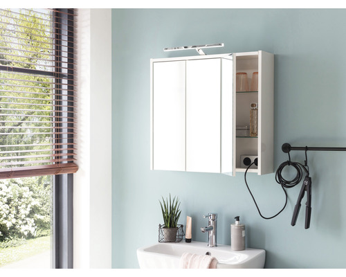 Dulap suspendat cu oglindă, cu iluminare, priză și compartiment deschis în baie