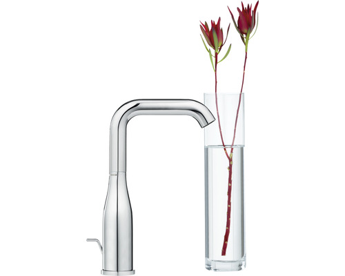 Baterie de bucătărie cu gât de lebădă lângă o vază cu flori