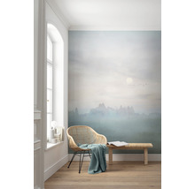 Cameră luminoasă cu fototapet, fotoliu din ratan și bancă din lemn