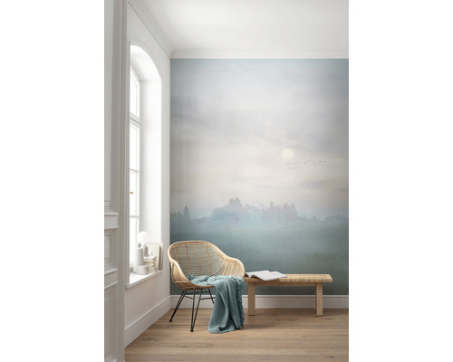 Cameră luminoasă cu fototapet, fotoliu din ratan și bancă din lemn