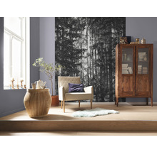 Living cu fotoliu, măsuță laterală, dulap din lemn și fototapet cu motiv forestier