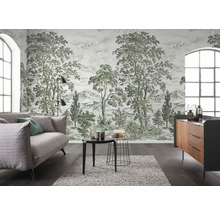 Living luminos cu tapet cu model, canapea și comodă