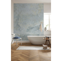 Baie cu cadă, scaun, covor, taburet și tapet cu model.