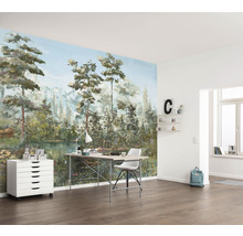 Cameră de zi cu fototapet cu lac într-o pădure, birou și container cu rotile