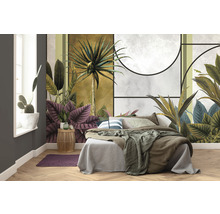 Dormitor cu fototapet cu motive de plante tropicale, pat și noptieră