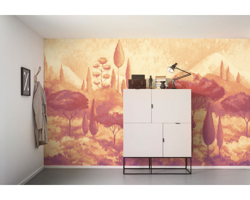 Perete vopsit cu motiv peisagistic în spatele unui dulap alb