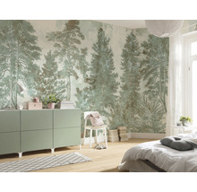 Dormitor cu tapet cu pădure, comodă, pat și scaun pentru o atmosferă naturală în cameră