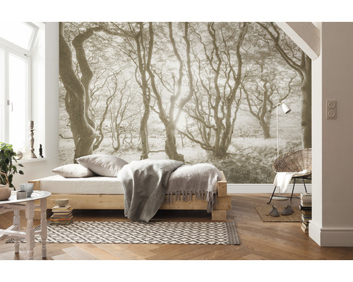 Perspectivă într-un dormitor cu fototapet, pat și scaun