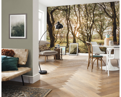 Cameră de zi cu fototapet cu o pădure, canapea, fotoliu, masă și parchet