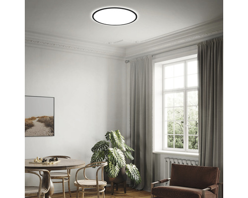 Living cu plafonieră rotundă, masă de sufragerie, scaune și plantă de interior