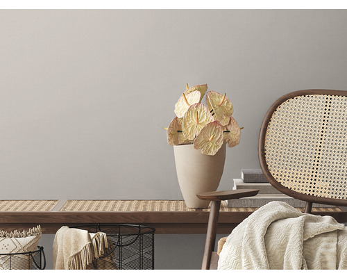 Interior decorativ cu bancă, scaun din ratan și anthurium într-o vază