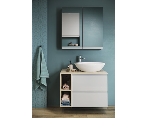 Set de baie modern cu dulap de bază pentru lavoar, lavoar așezat și dulap cu oglindă