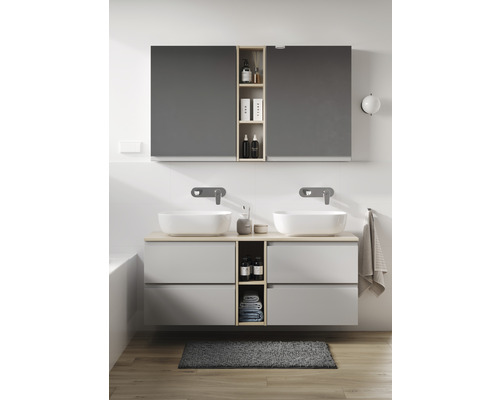 Baie cu lavoar dublu, dulap inferior, dulap cu oglindă și spațiu de depozitare