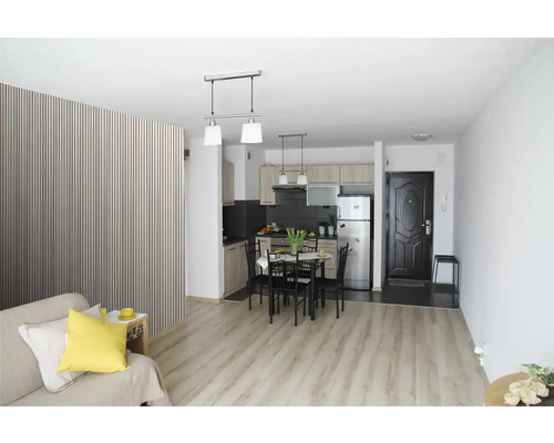 Vedere a spațiului de locuit cu bucătărie, zonă de luat masa și zonă de relaxare într-un design luminos și modern.
