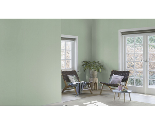 Cameră luminoasă și primitoare, cu vopsea verde pe pereți, fotolii și lumină naturală