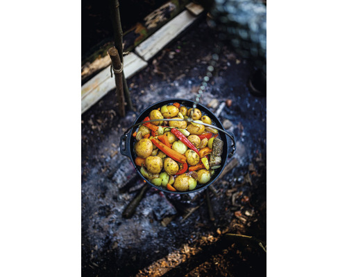 O oală cu legume atârnă deasupra unui foc de tabără.