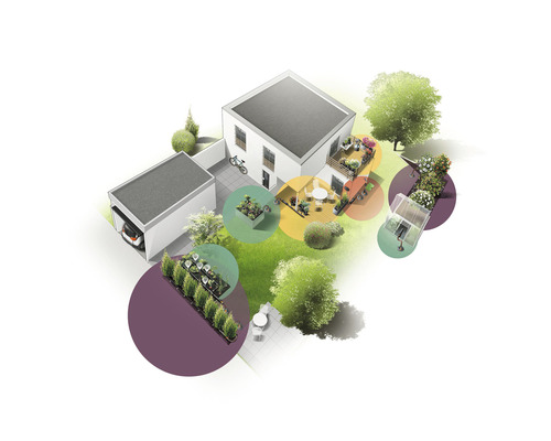 Vedere de sus a unei case cu grădină, terasă, balcon, seră și garaj