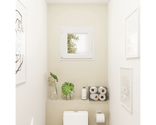 Baie luminoasă cu toaletă, fereastră și elemente decorative