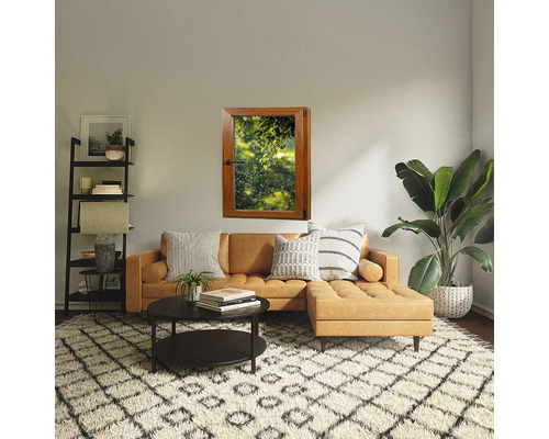 Cameră de zi cu canapea, fereastră, covor și decorațiuni