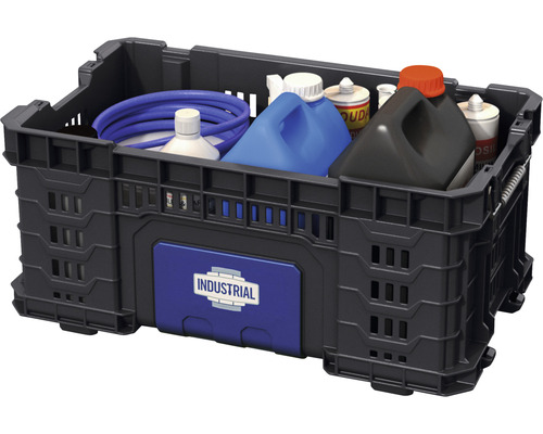 Cutie neagră din plastic umplută cu diverse recipiente