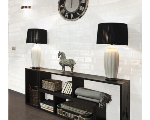 Cameră de zi cu rafturi negre, lămpi de masă și plăci de perete albe în stil retro