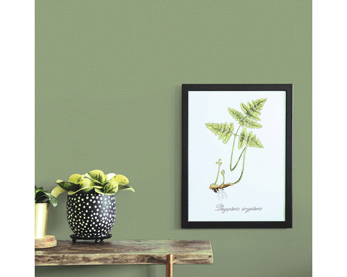 Scenă cu o plantă în ghiveci și o imagine cu plante înrămată pe perete