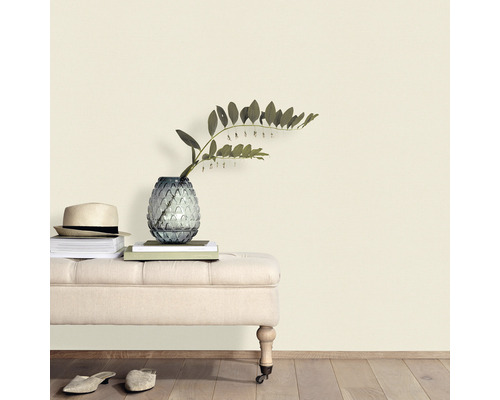 Scenă decorativă cu bancă, vază, plante, cărți și pălărie în fața unui perete.